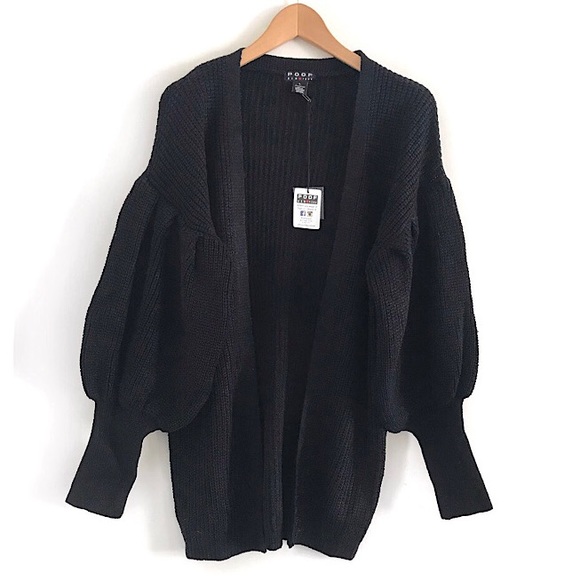 Poof! Sweaters - NWT Poof New York Open cardigan coat women’s size L puffer sleeve black knit